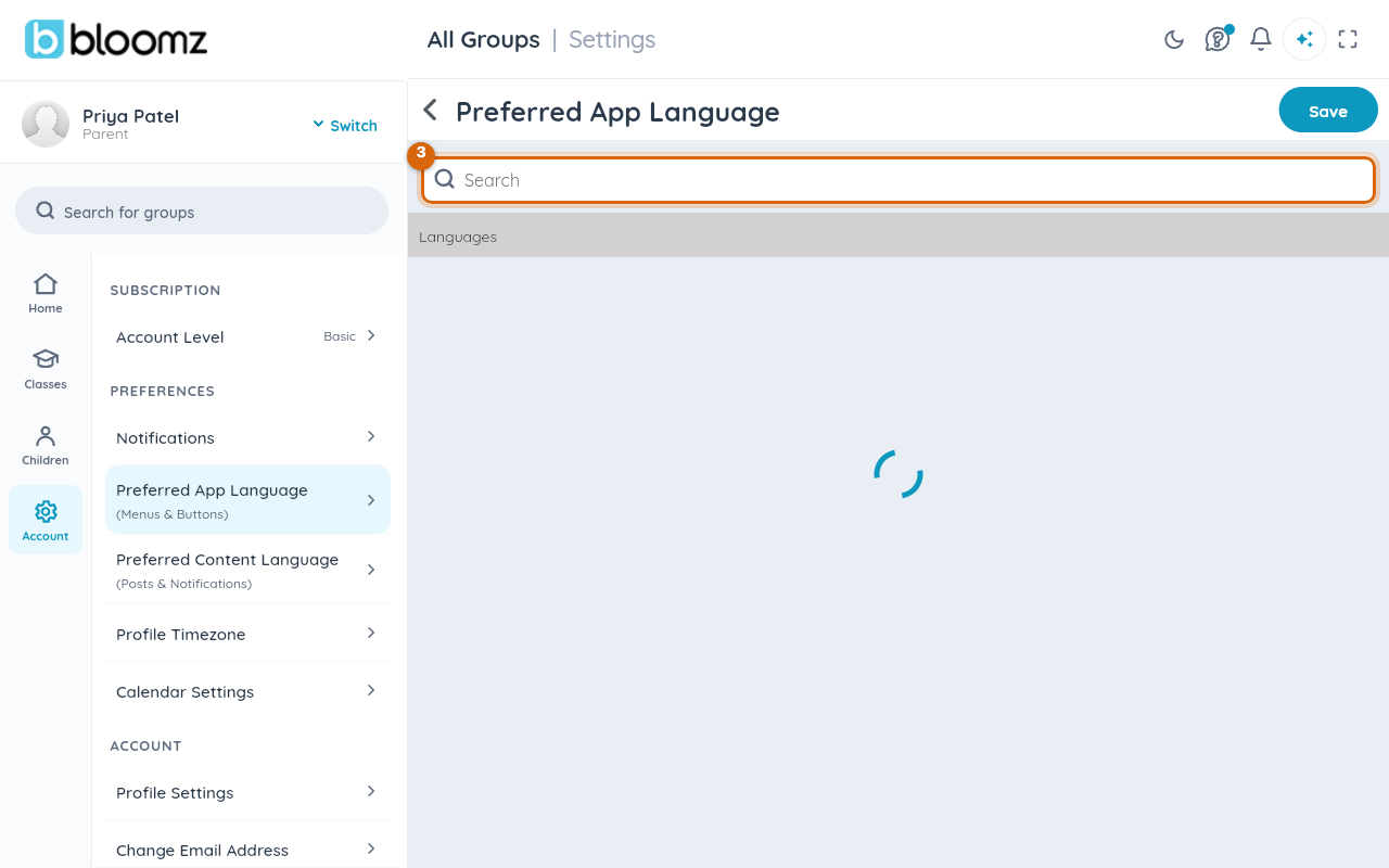 The Preferred App Language screen with its Search field and the list of languages