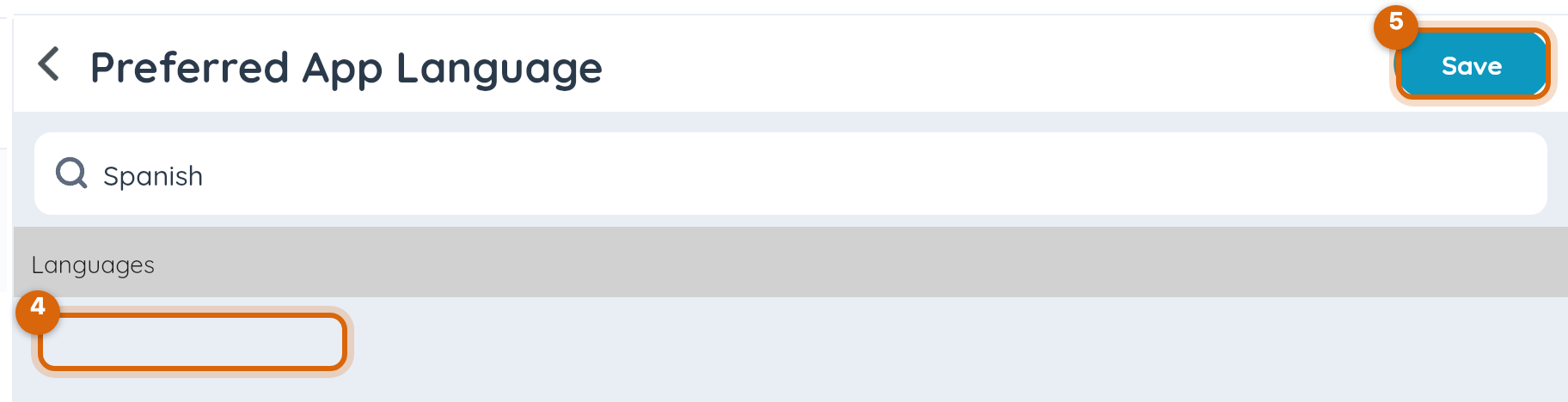 Close-up of the selected language row and the Save button