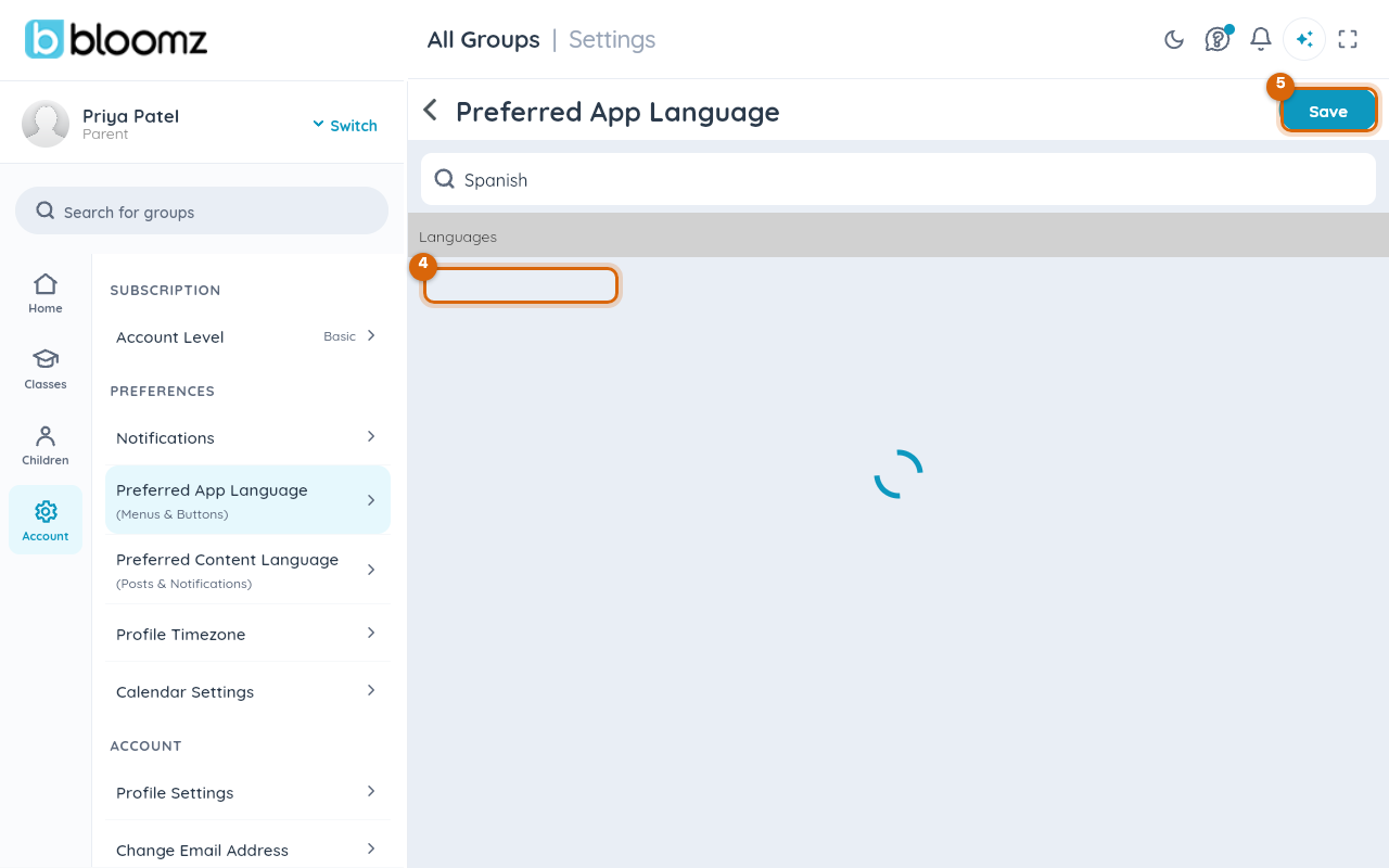 Spanish found by search and selected, with the Save button now showing in the top corner