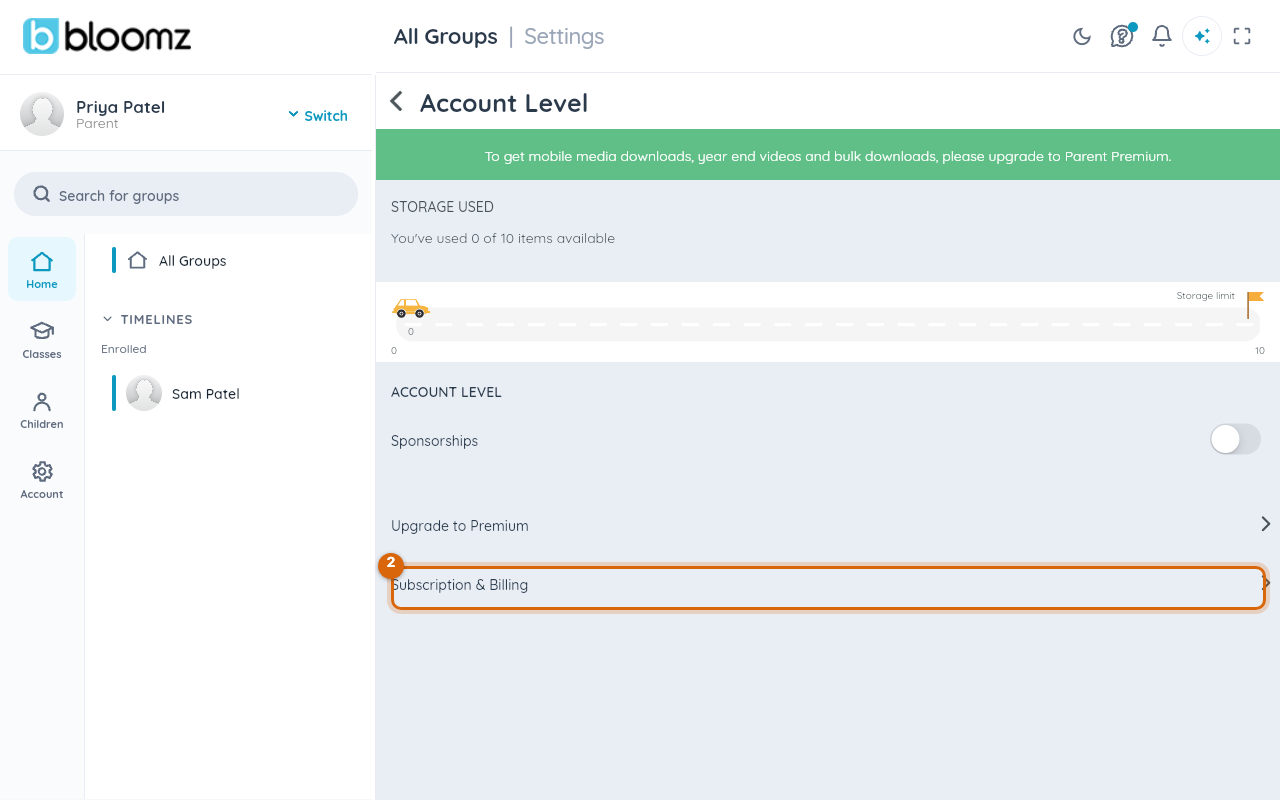 The Account Level page for a Basic account, showing Upgrade to Premium and Subscription & Billing rows and no in-app cancel button