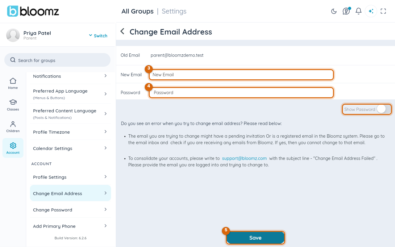 The Change Email Address screen with the New Email and Password fields and the Save button marked