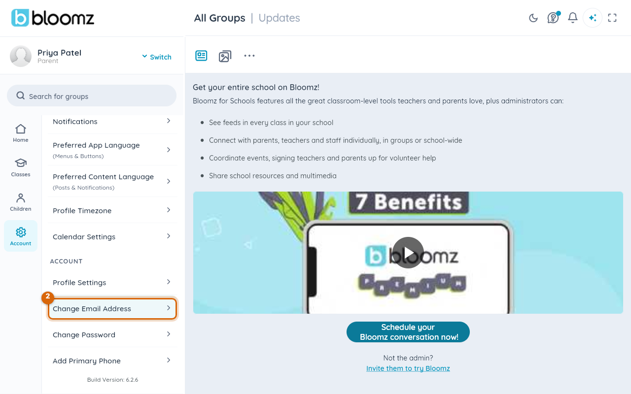 The Account panel scrolled to its Account section, with the Change Email Address row marked