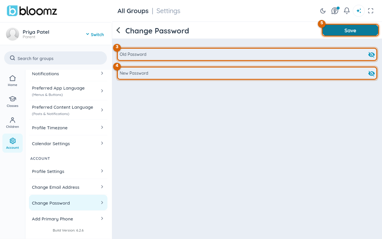 The Change Password screen with the Old Password and New Password fields and the Save button marked