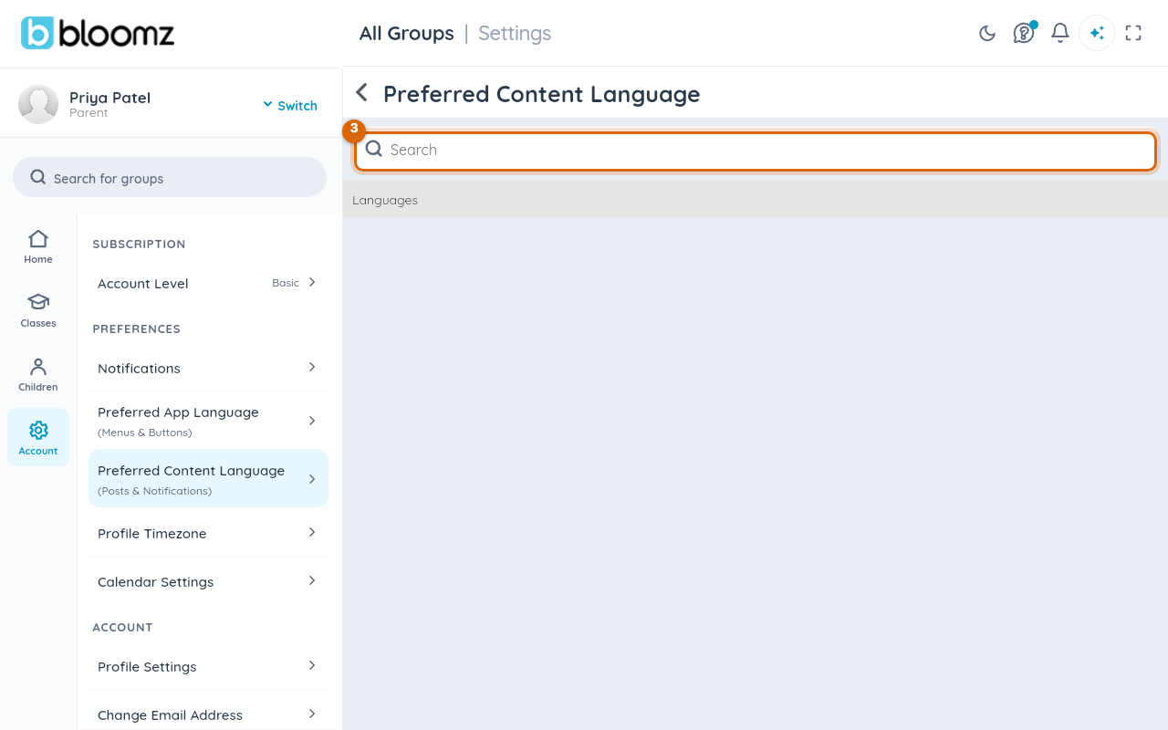 The Preferred Content Language screen with its Search field and the list of languages