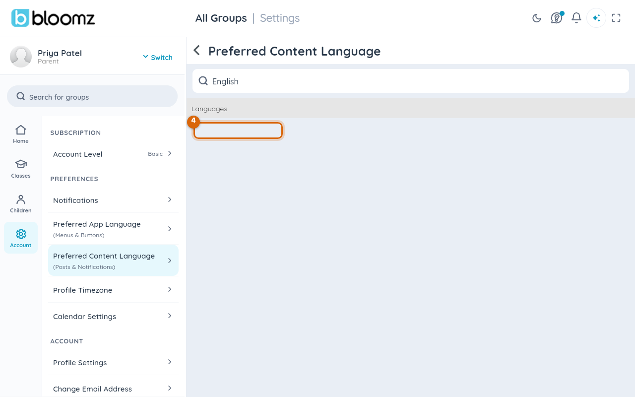 A language found by search and selected as the content language