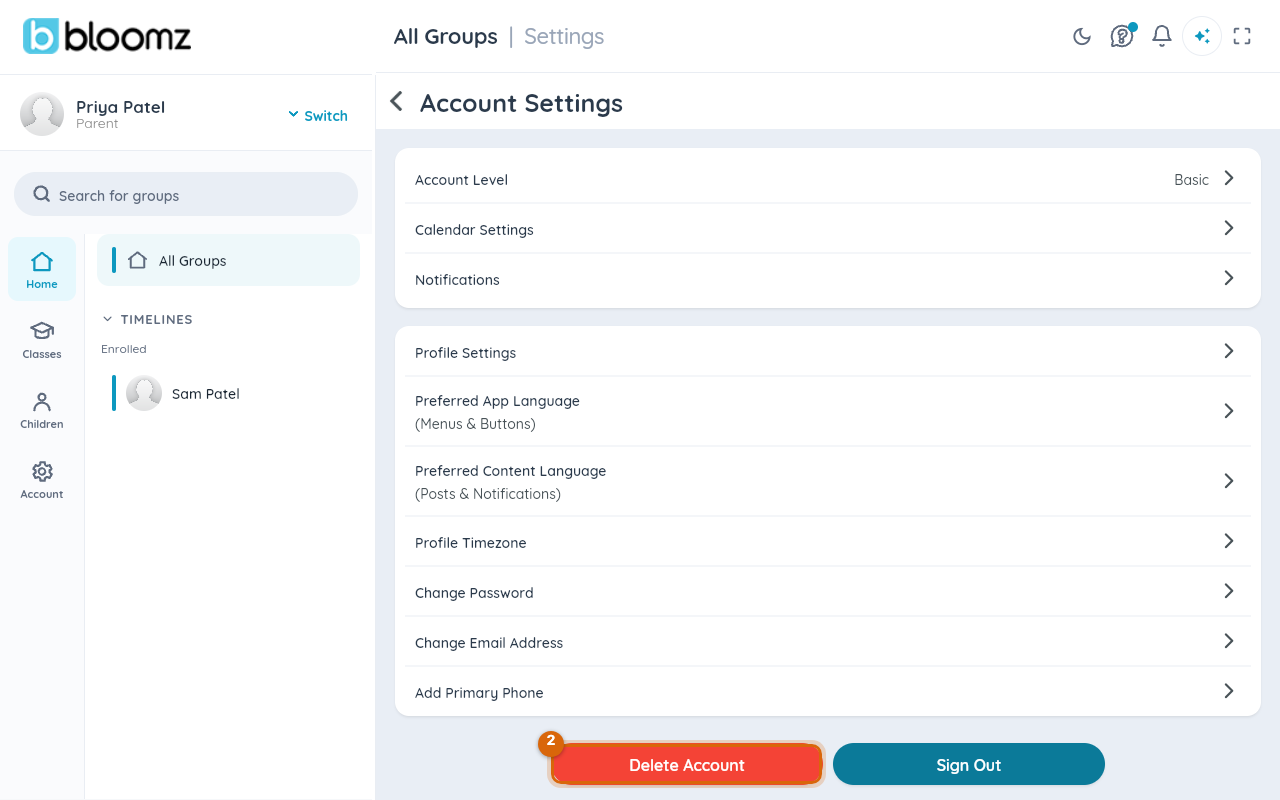 The Account Settings page with the red Delete Account button marked at the bottom
