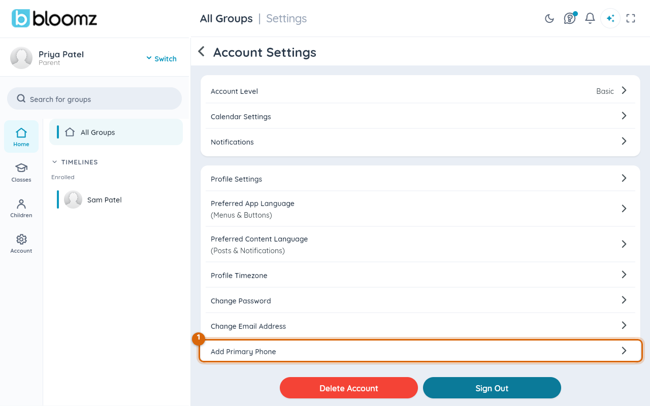 The Account Settings page with the Add Primary Phone row marked