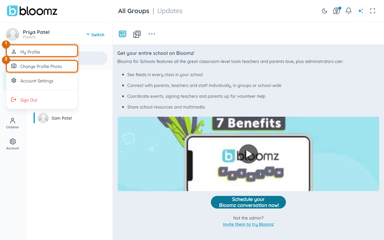 The avatar menu opened from the top-left profile card, showing My Profile, Change Profile Photo, Account Settings and Sign Out