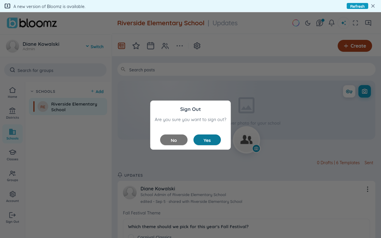 The sign-out confirmation dialog asking Are you sure you want to sign out, with Yes and No