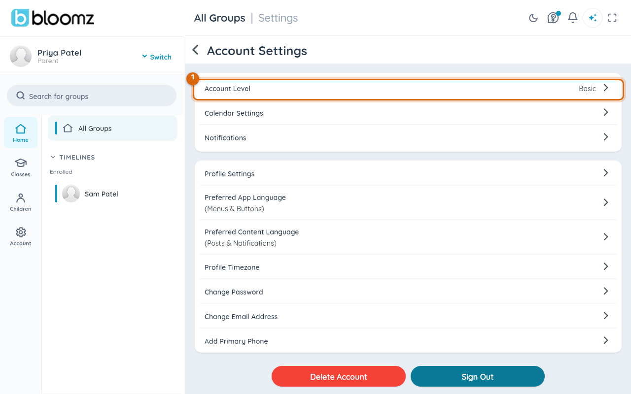 The Account Settings page with the Account Level row marked, showing Basic