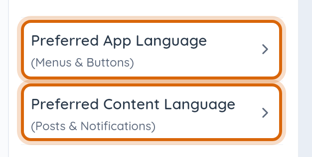 Close-up of the two language rows: Preferred App Language (Menus & Buttons) and Preferred Content Language (Posts & Notifications)