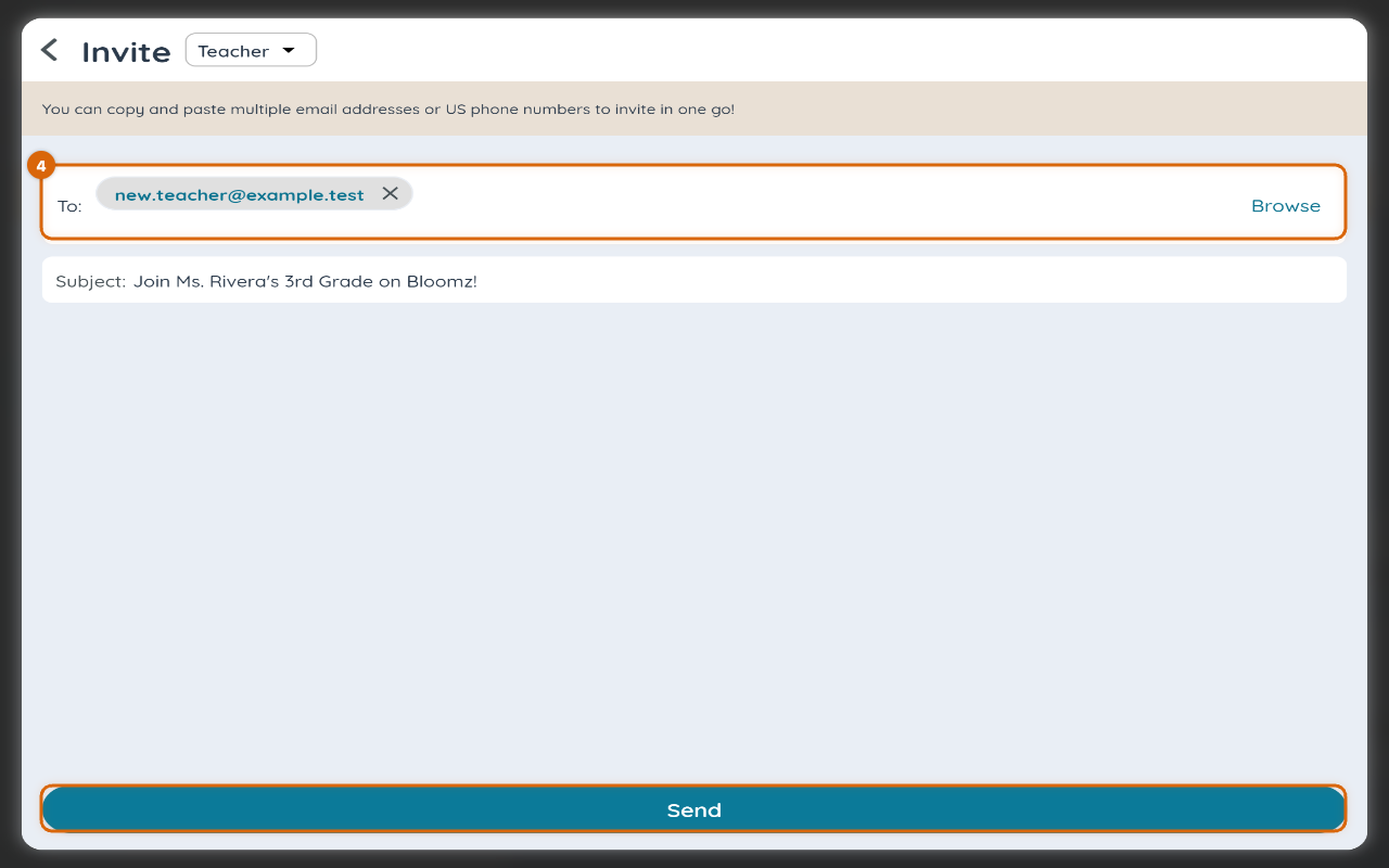 The Invite screen with the To field and Send button marked