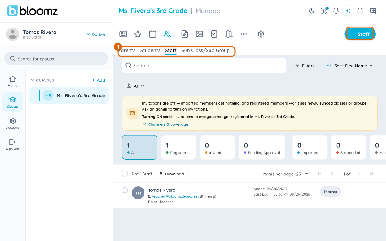 The class Staff screen with the Manage tab and the + Staff button marked
