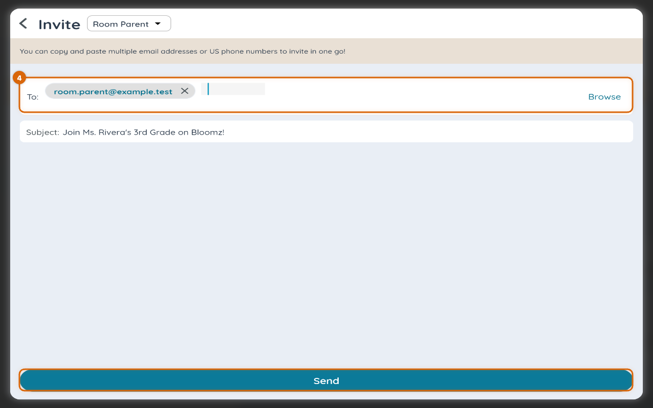 The Invite screen with the To field and Send button marked