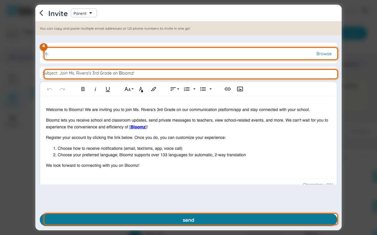 The invite review list with a flagged row and the Send Invites button marked