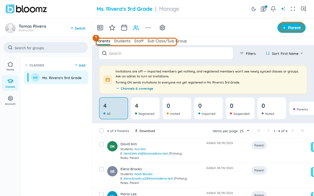 The class Members screen with the Manage tab and the Invite button marked