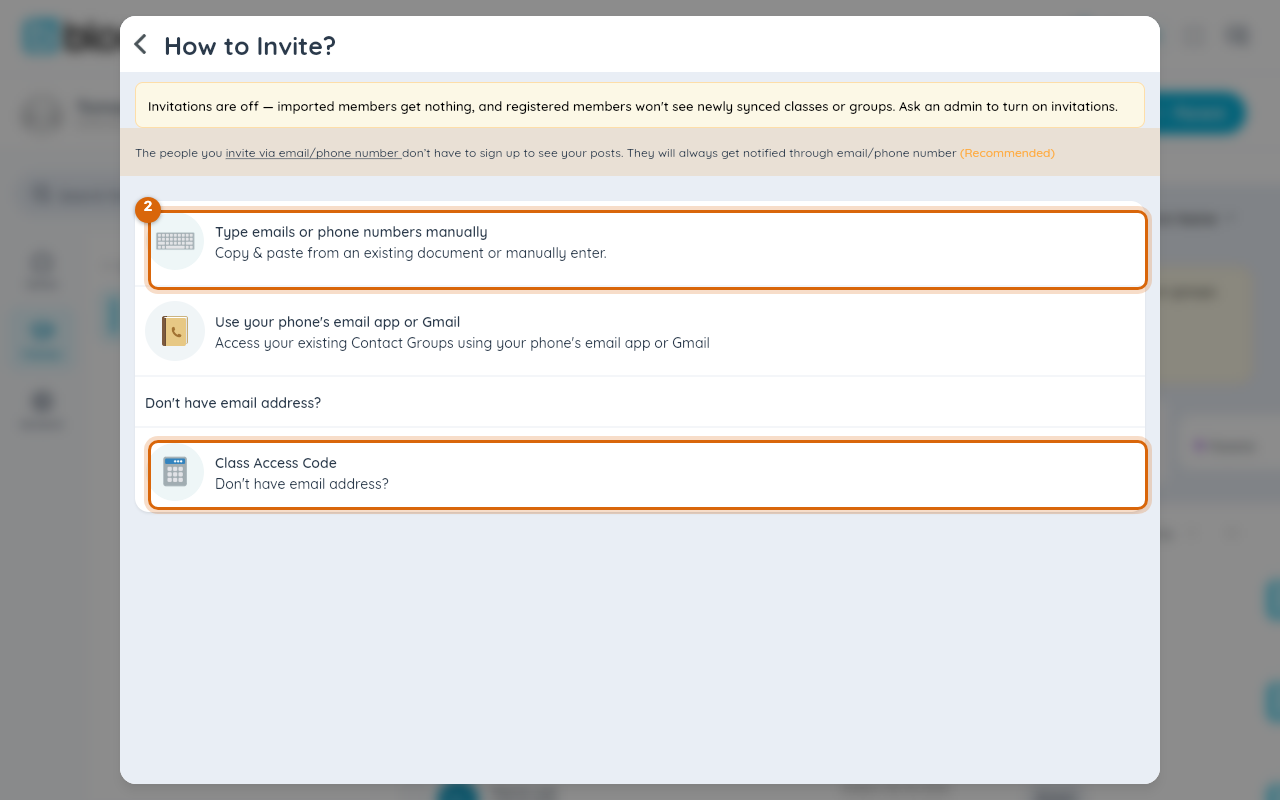 The Invite sheet with the role picker and the name/email fields marked