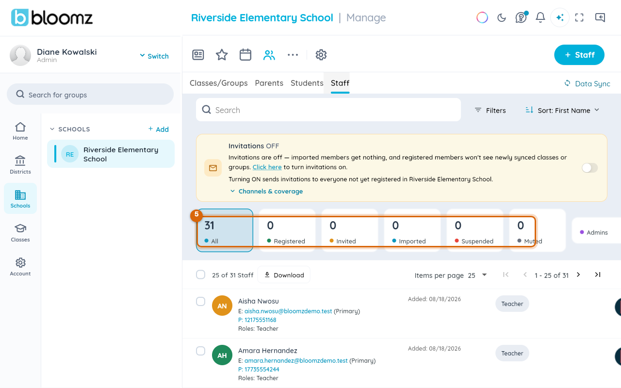 The Staff list with Pending and Active status labels and a Resend action marked