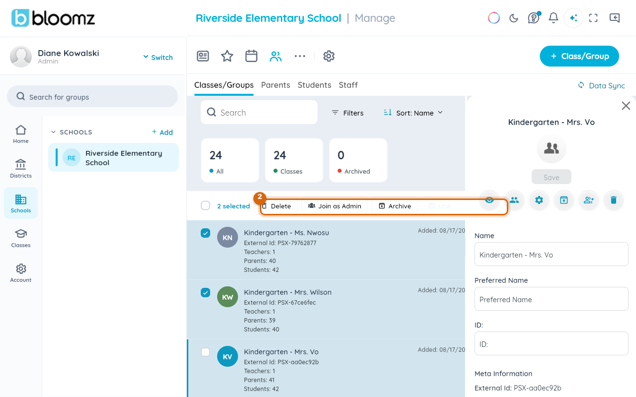 Several classes selected, with the Delete, Join as Admin, Merge and Archive bulk actions revealed above the list