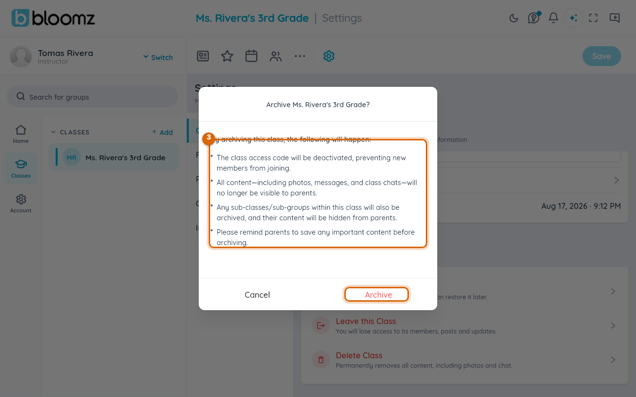 The Archive class confirmation dialog listing exactly what archiving will do