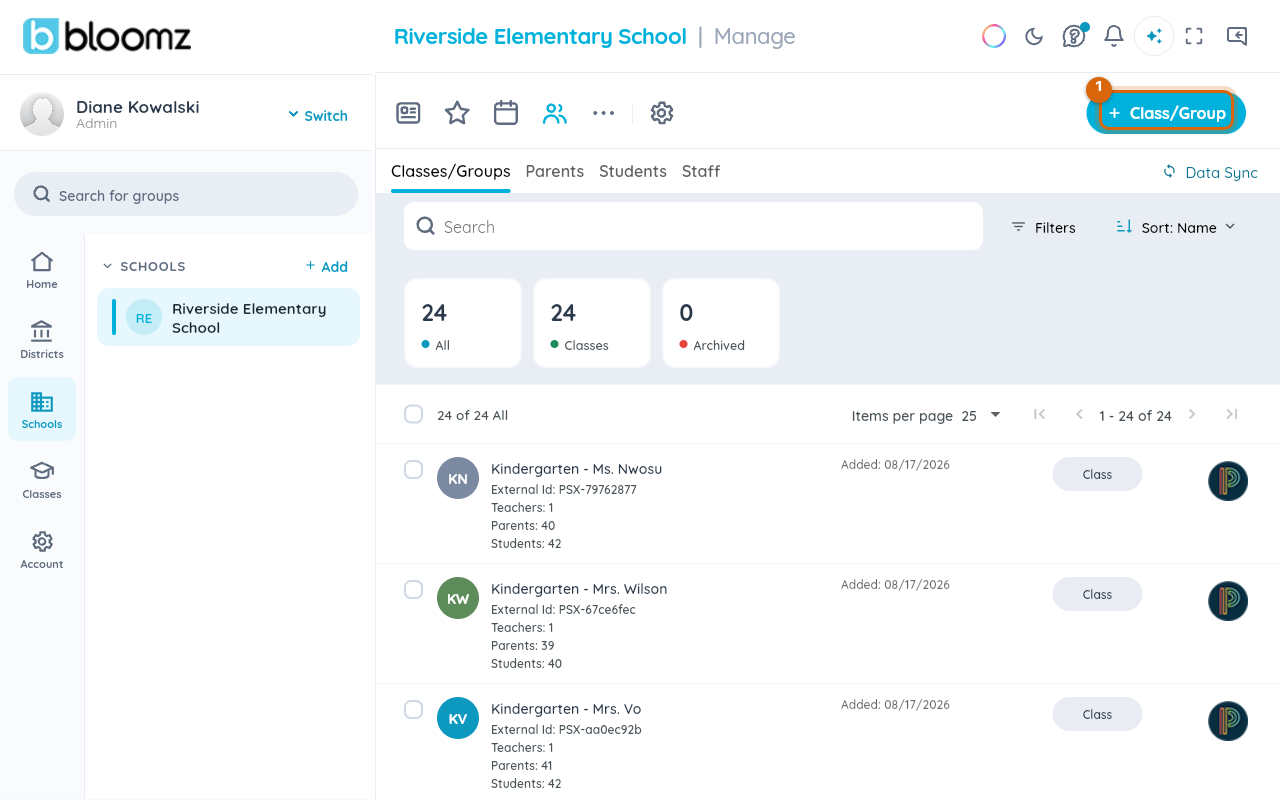 The school's Classes/Groups list with the + Class/Group button marked