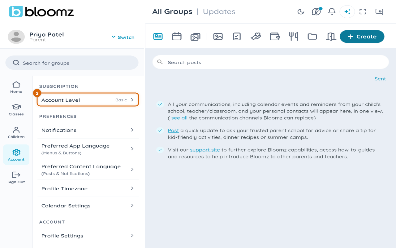 The Account Settings page with the Account Level row marked, showing Basic