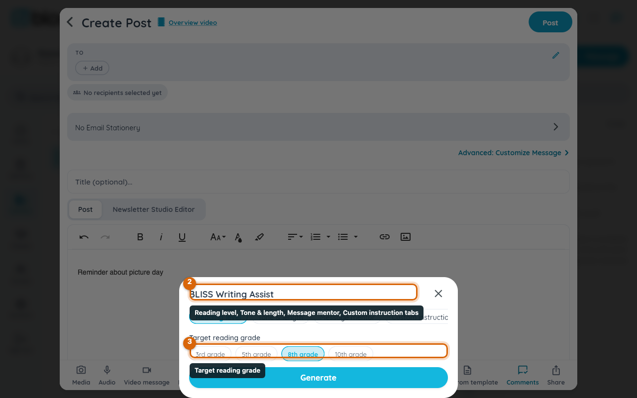The BLISS Writing Assist sheet open on the Reading level tab, with target-grade chips and the Generate button