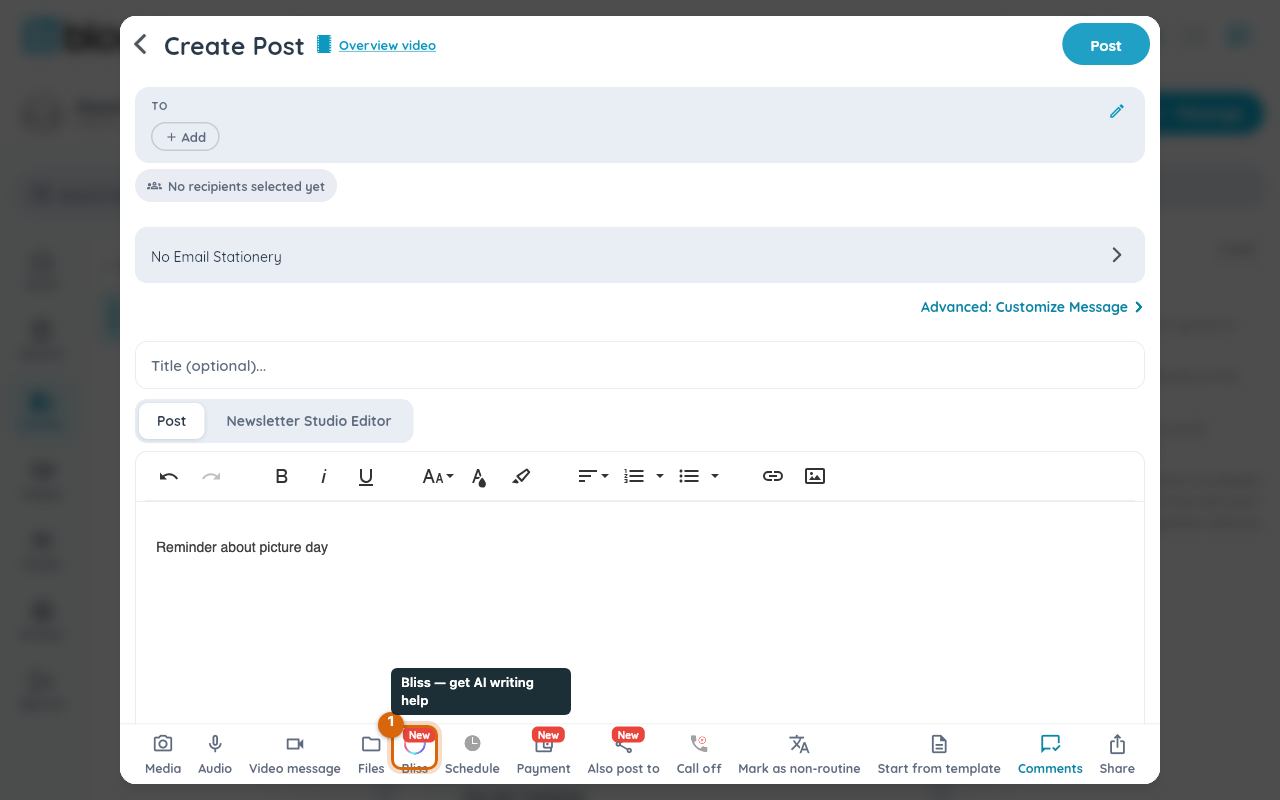 The Create Post composer with a draft post and the Bliss AI writing button marked in the bottom toolbar