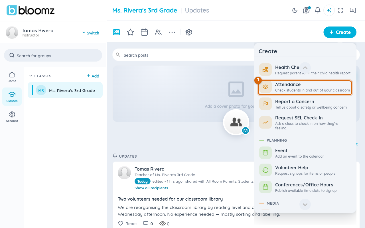 The Create menu scrolled to Safety & Wellbeing with Attendance marked
