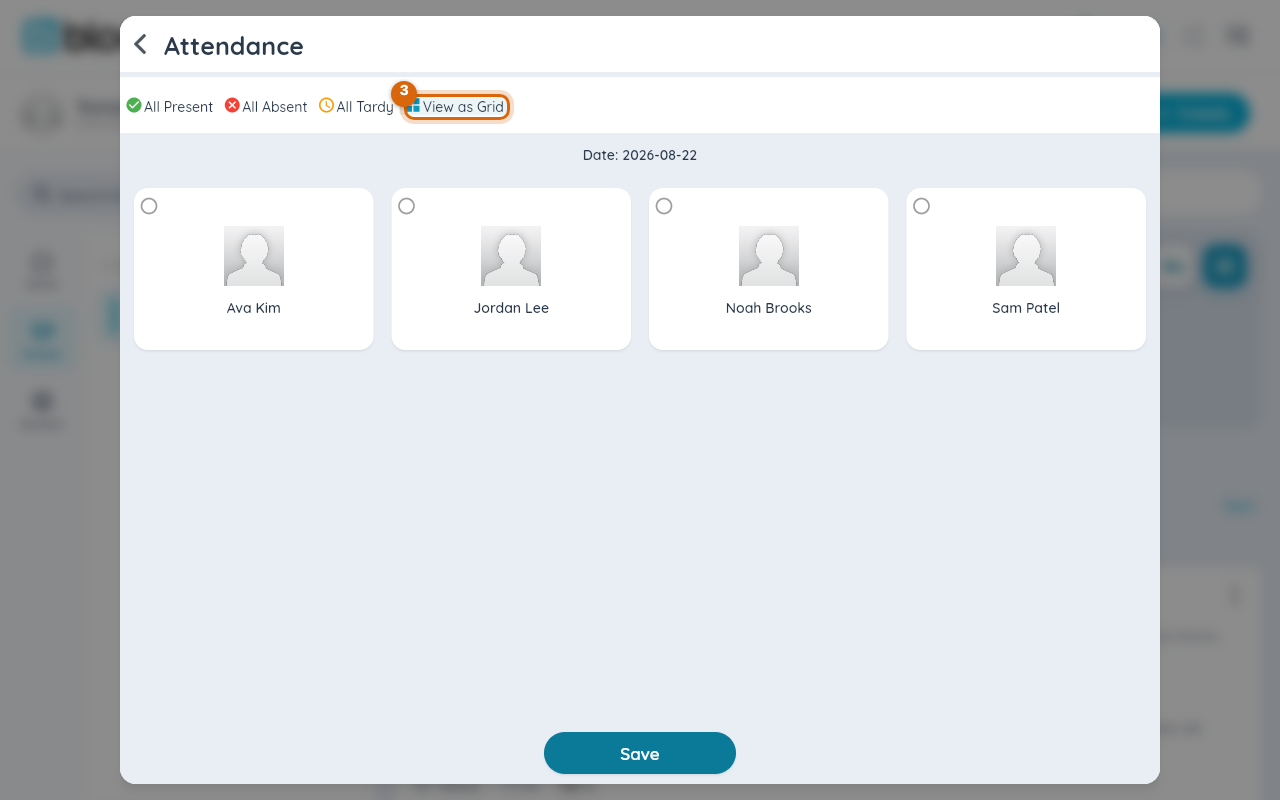 The Attendance grid view with photo tiles and their status circles