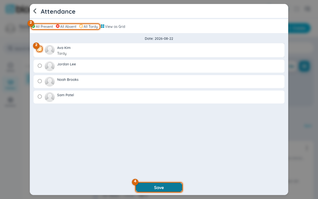 The Attendance list with one student marked tardy and the All Present, All Absent and All Tardy controls marked