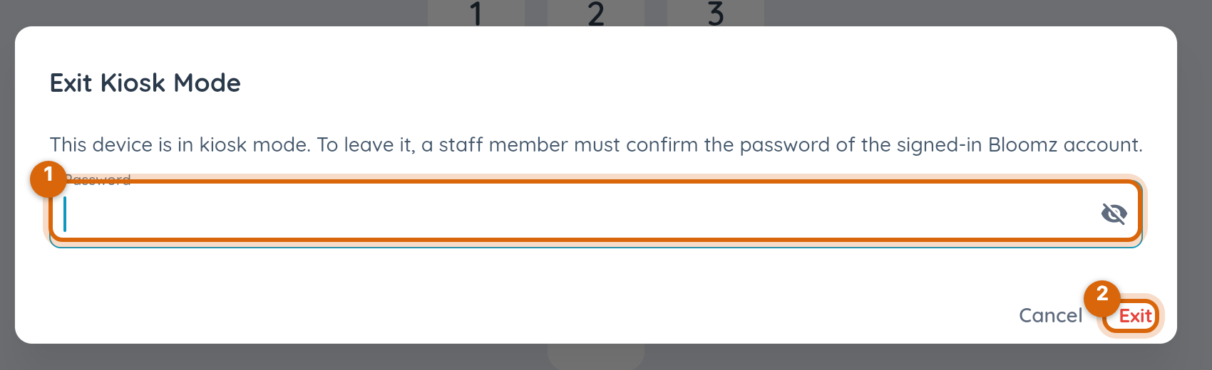 Close-up of the kiosk exit dialog with the password field and Exit button marked