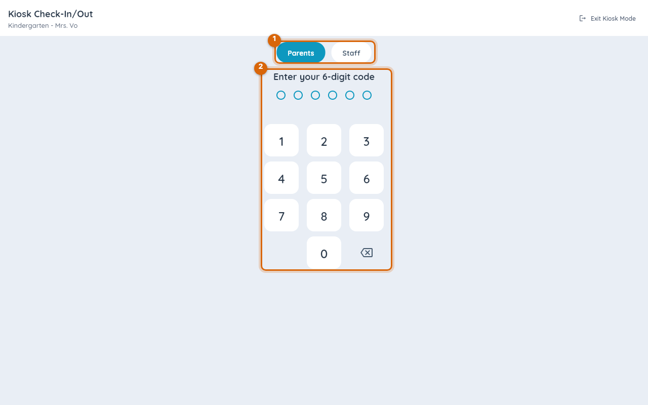The Check-In Kiosk landing screen with the 6-digit PIN pad