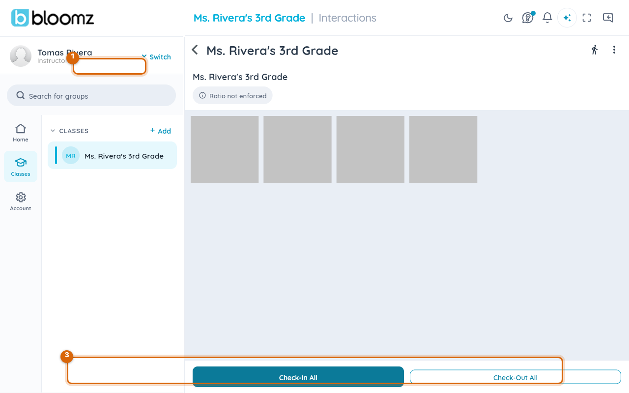 The Room Check-In grid with the ratio status chip marked