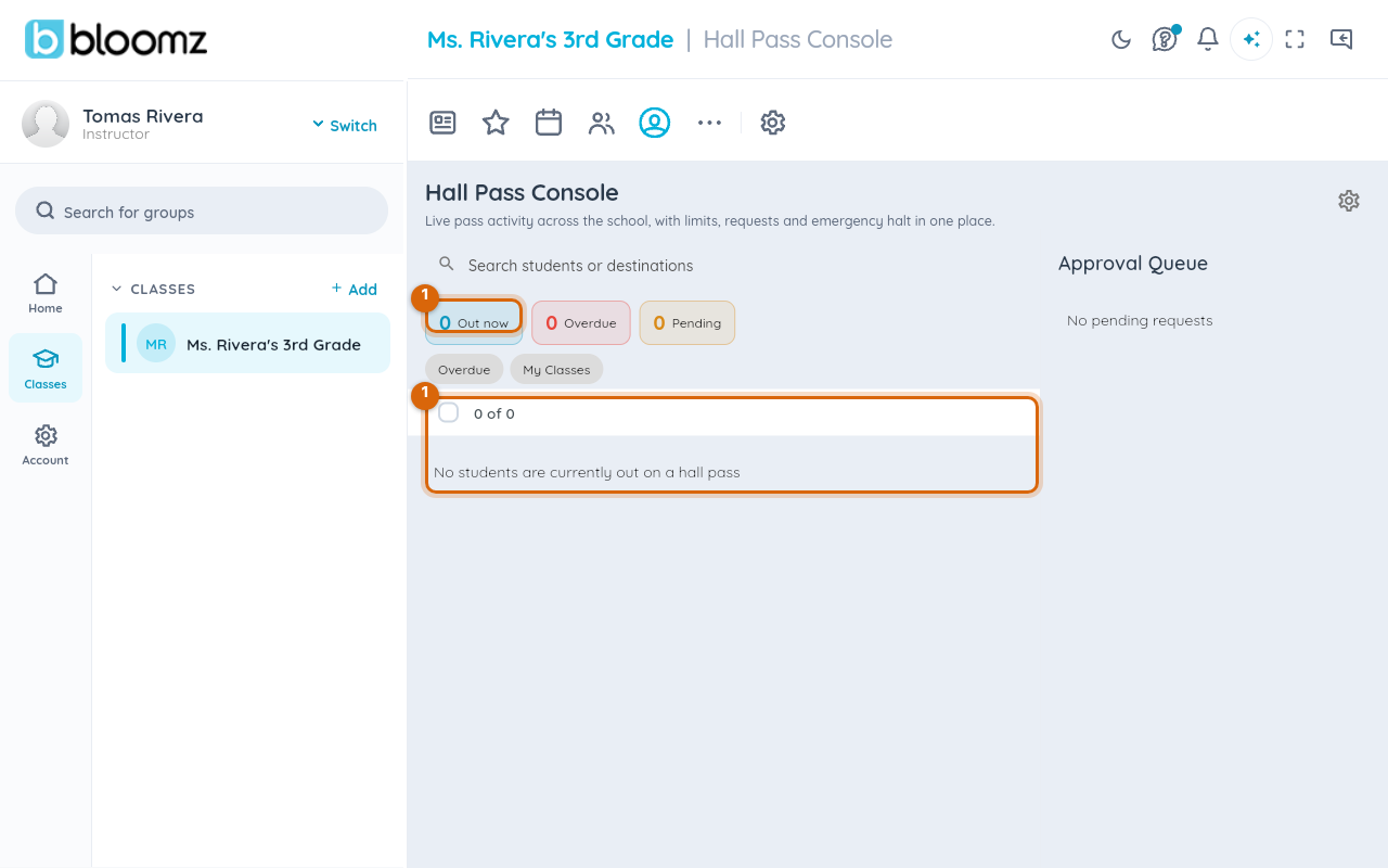 The Hall Pass Console with the En Route list of active passes marked