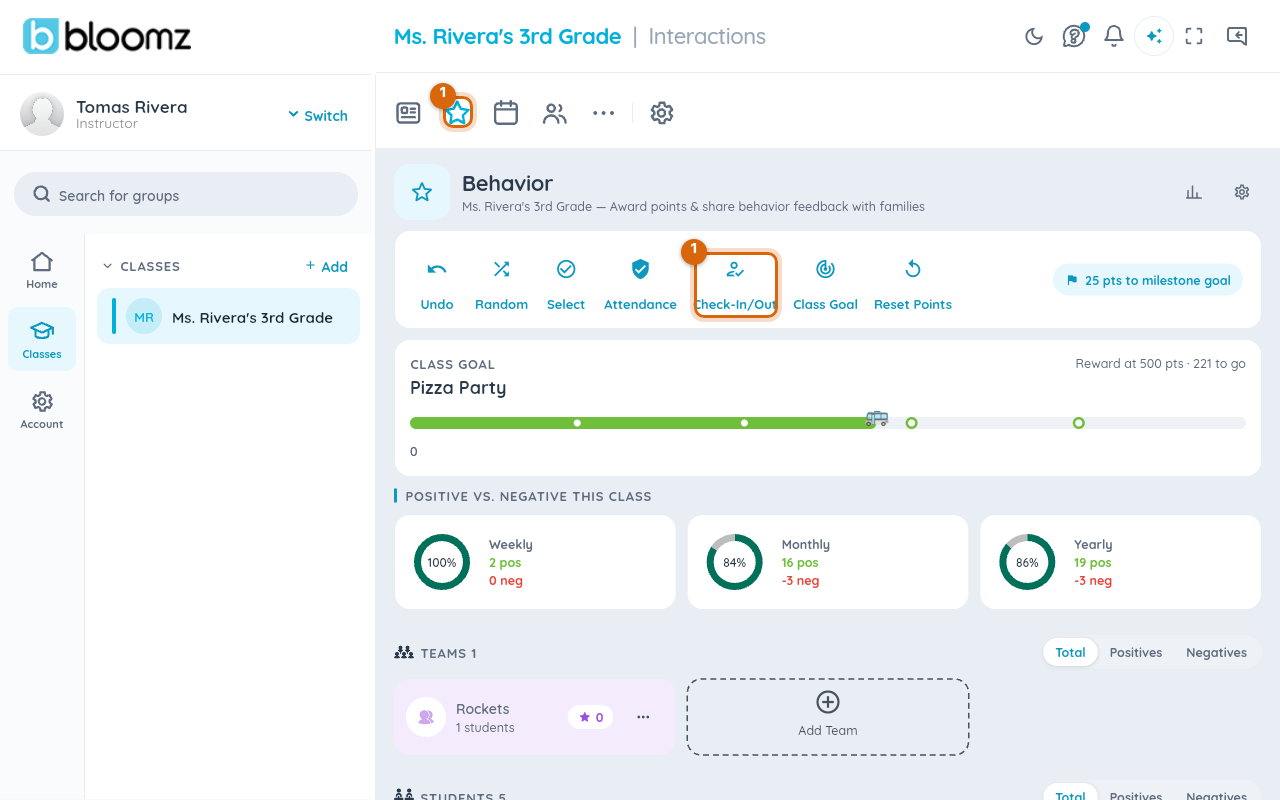 The class Behavior tab with the Check-In/Out action marked