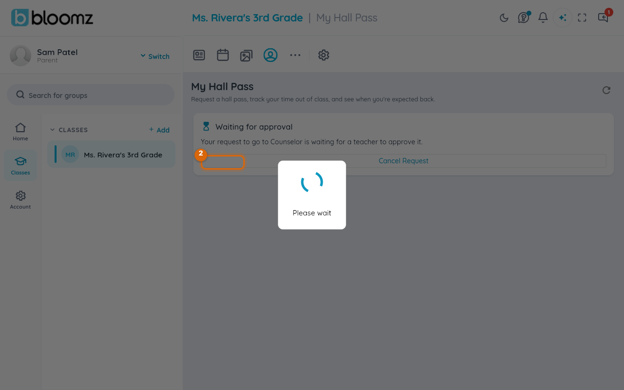 The Request a Pass sheet with destination chips and a reason field marked