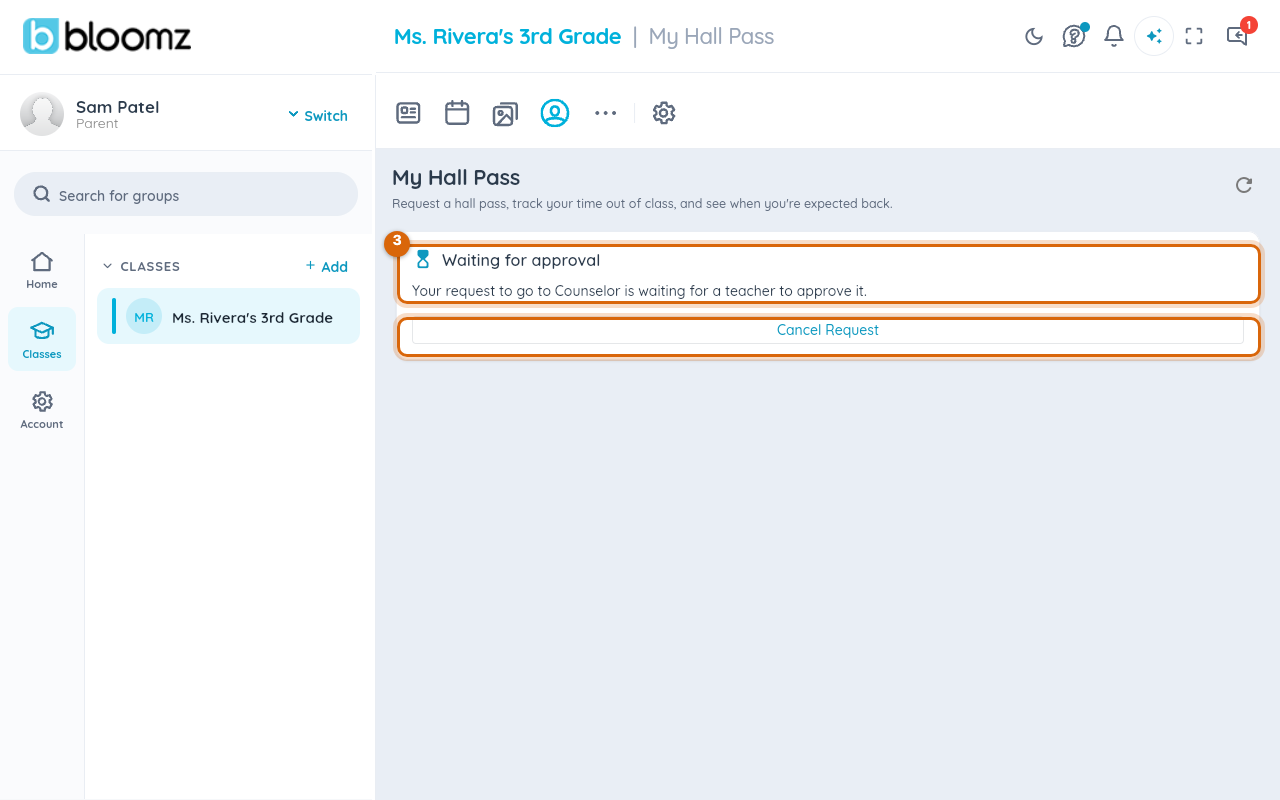 My Hall Pass showing a pending request with a Cancel Request option