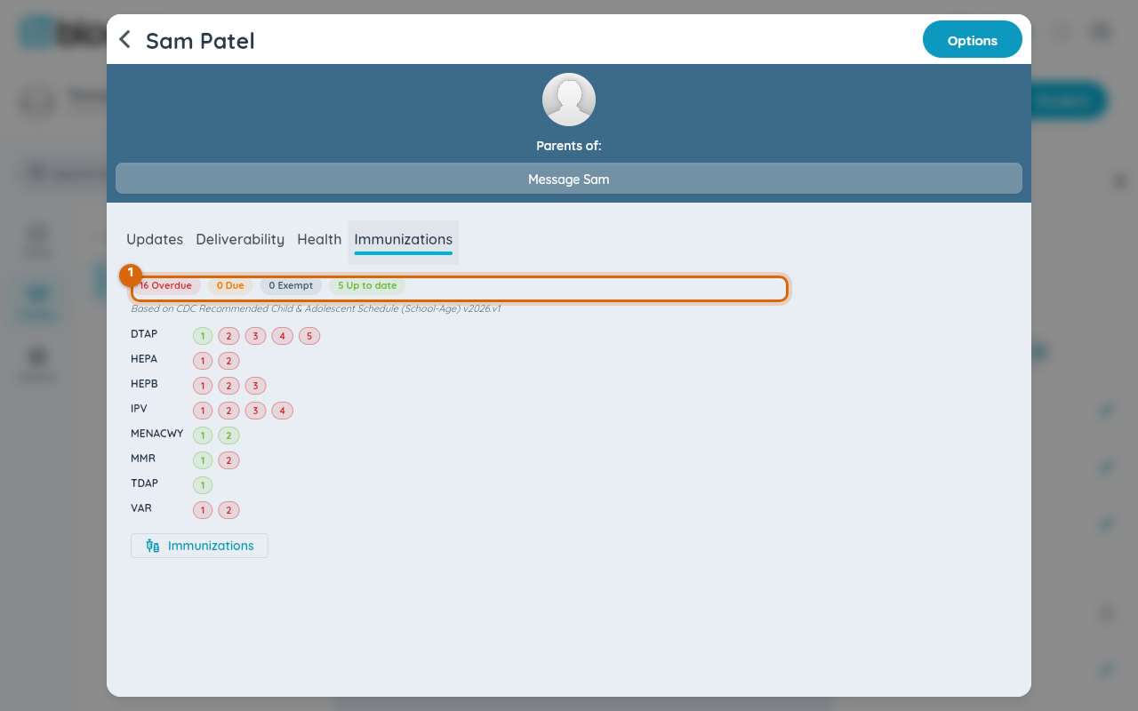 The Immunizations tab with the due/overdue summary header marked