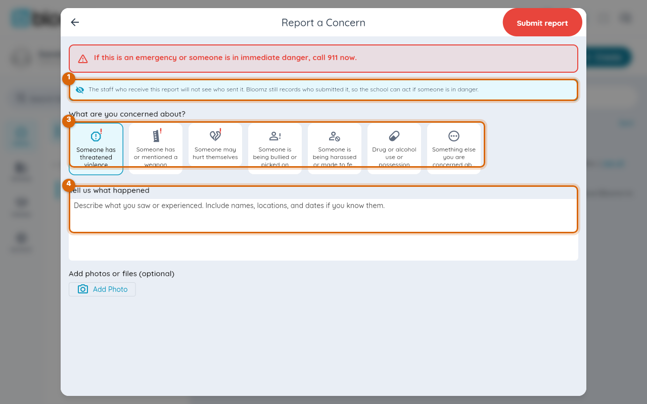 The Report a Concern form with the identity notice above the categories