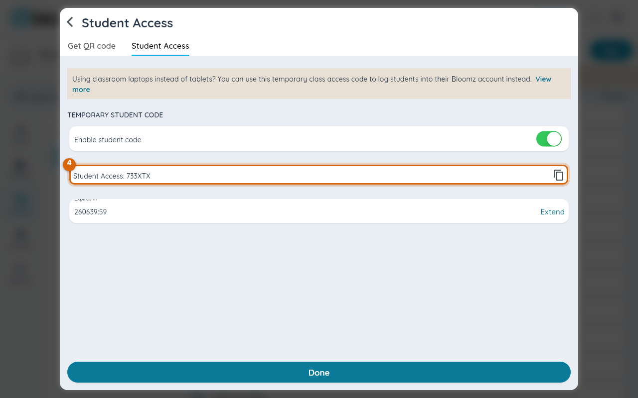 The Student Access tab with the Enable student code toggle on and a live temporary code shown