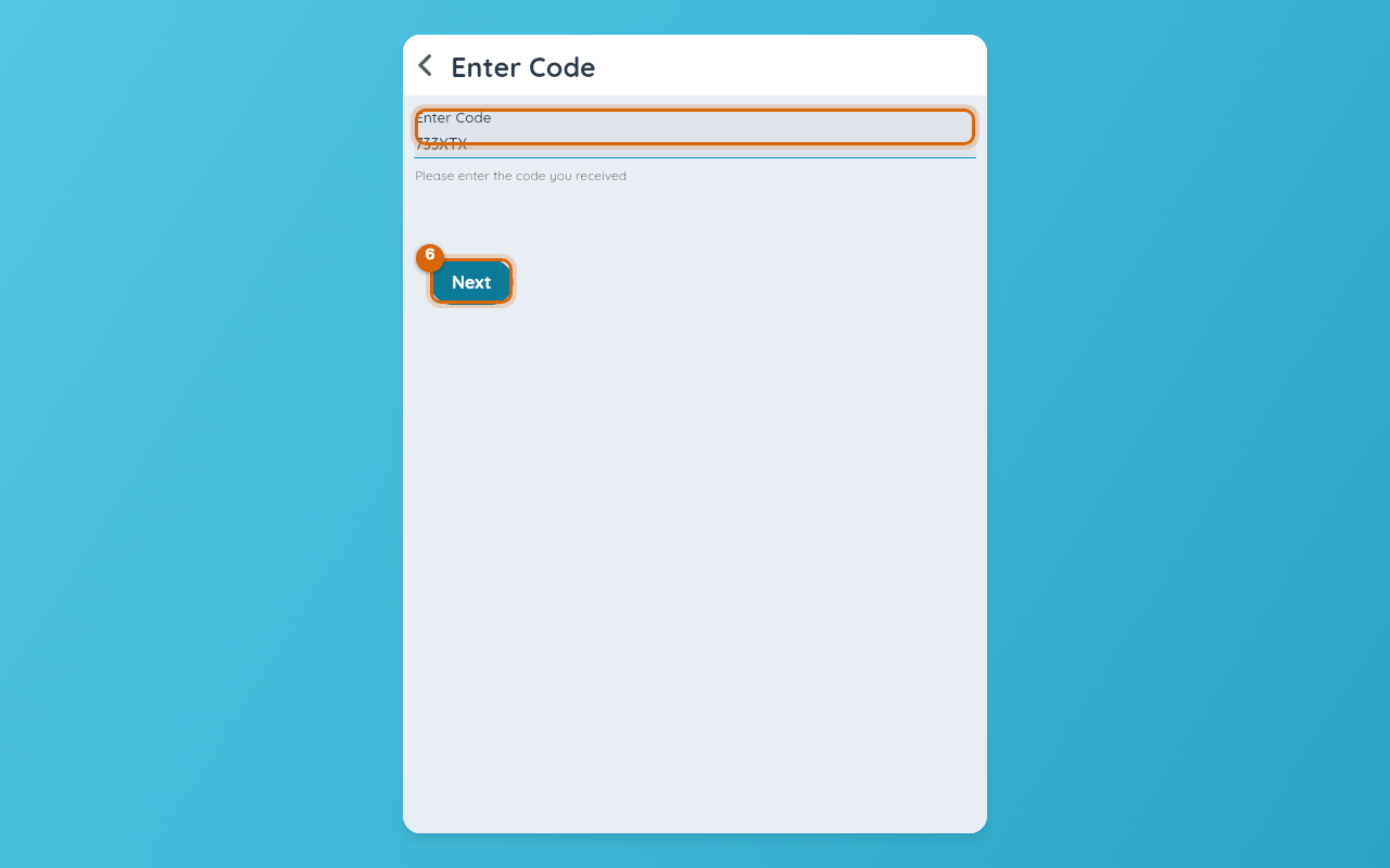 The Enter Code screen with the class access code typed in and the Next button marked