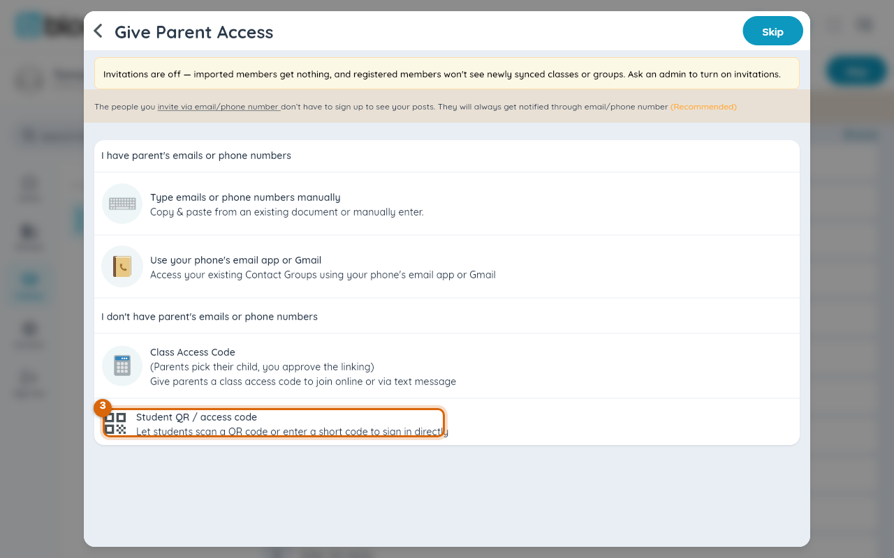 The Give Parent Access chooser with the Student QR / access code tile marked at the bottom