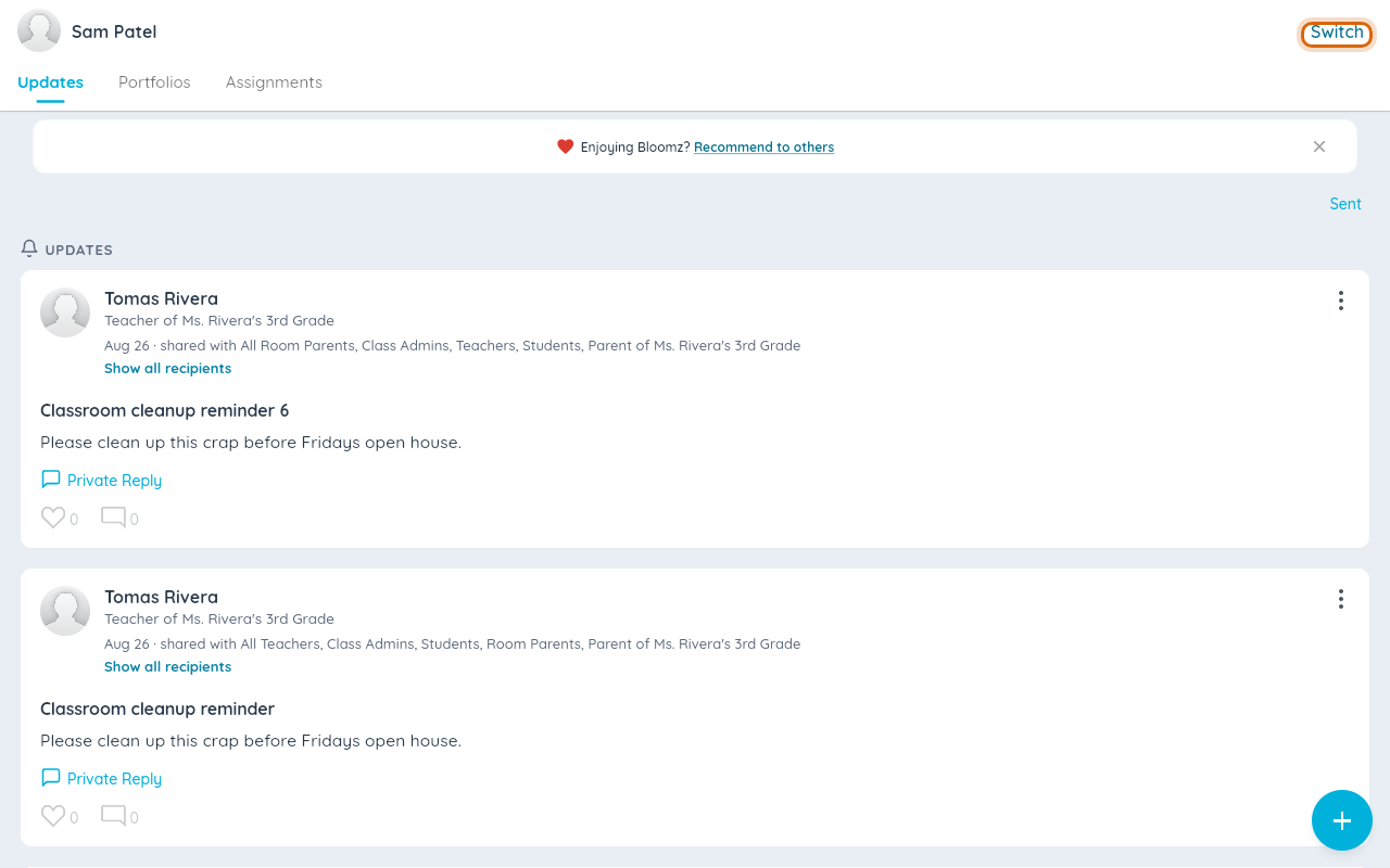 The student's own signed-in Updates feed after picking their name, with the Switch link marked