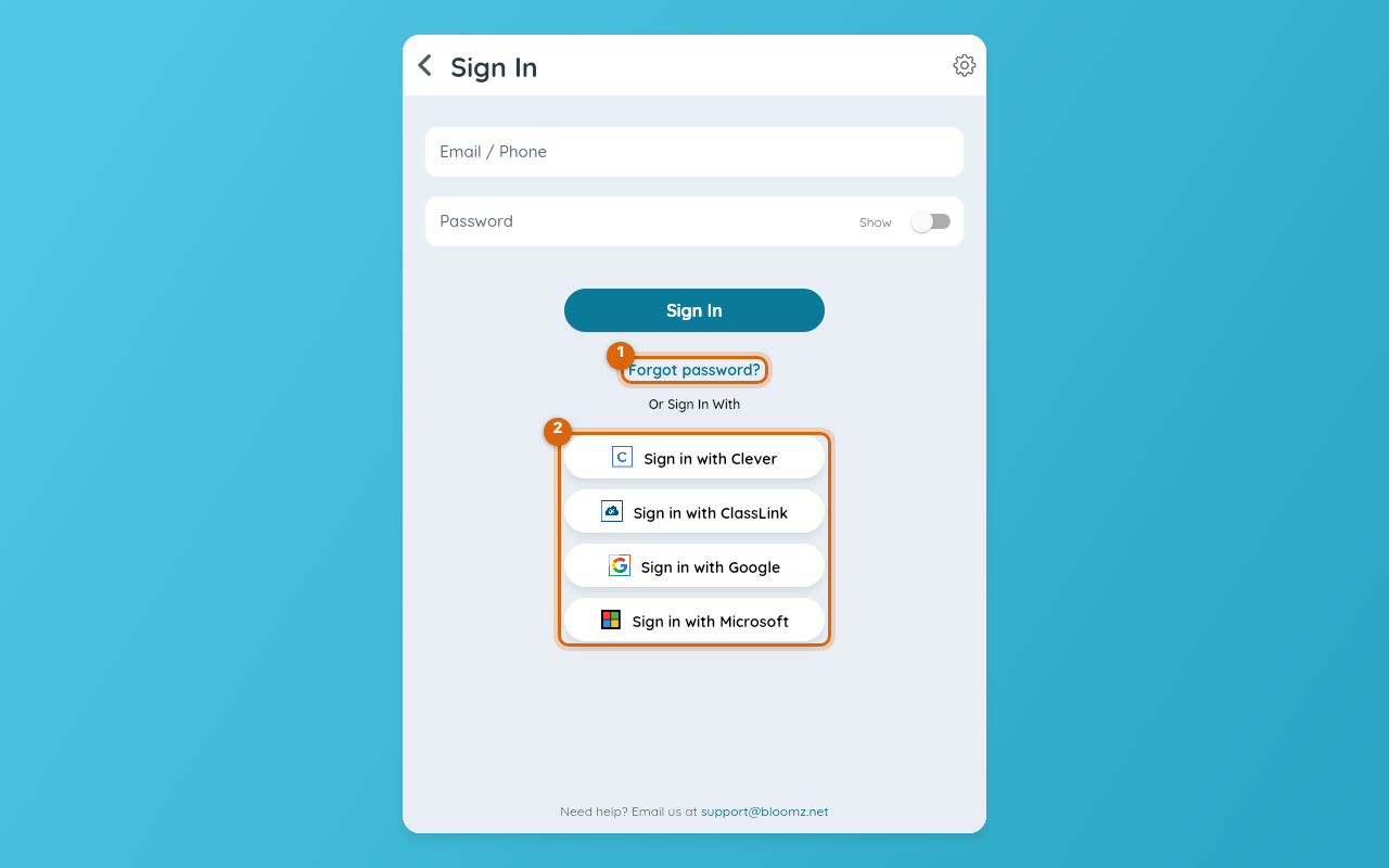 The Bloomz sign-in screen with the Forgot password link and the Clever, ClassLink, Google and Microsoft sign-in buttons marked