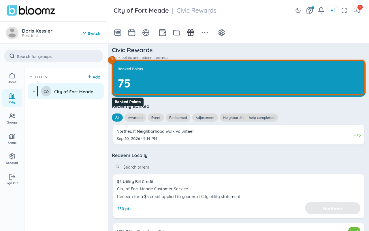 The Civic Rewards page with the Banked Points balance and Recently Banked ledger marked