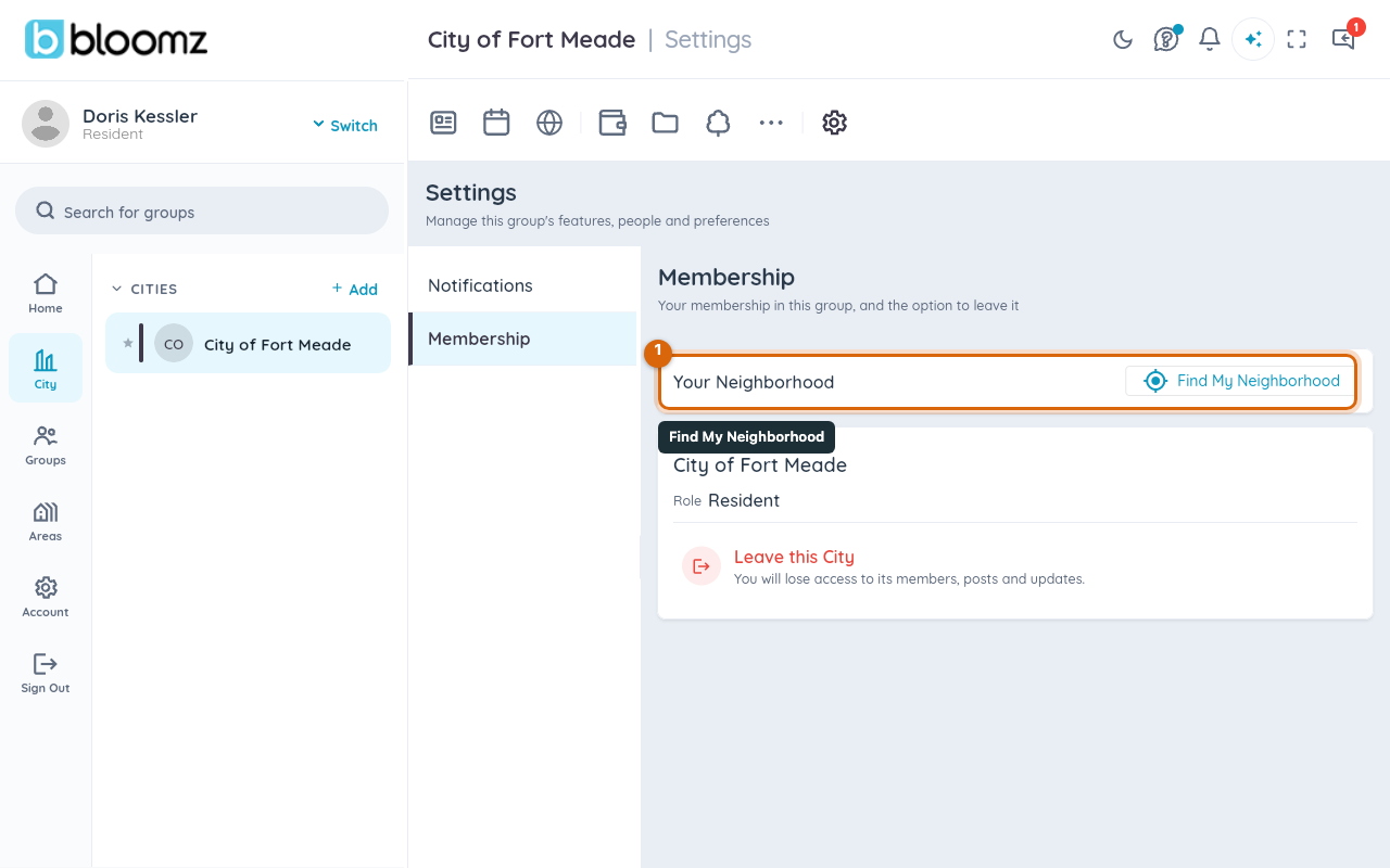 The group settings Membership tab with the Your Neighborhood card and its Find My Neighborhood button