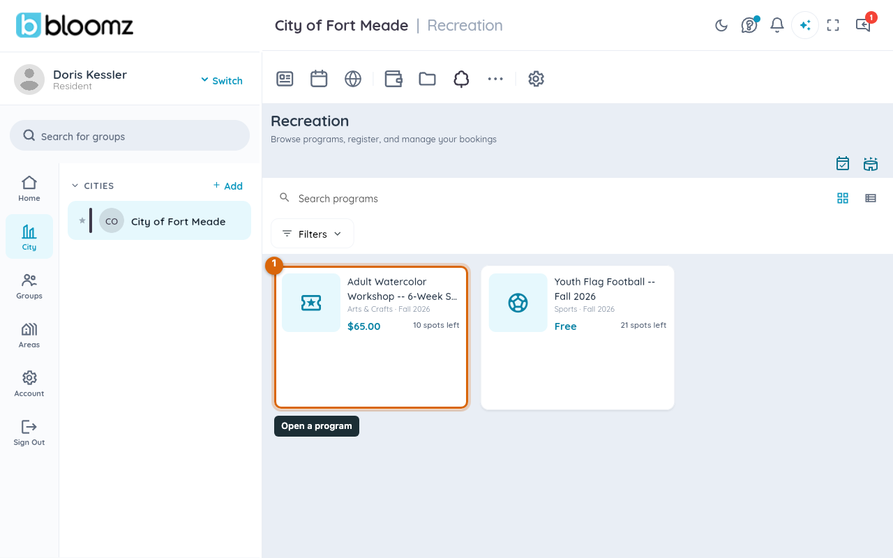 The Recreation browse list with Featured programs and a program card showing price and spots left