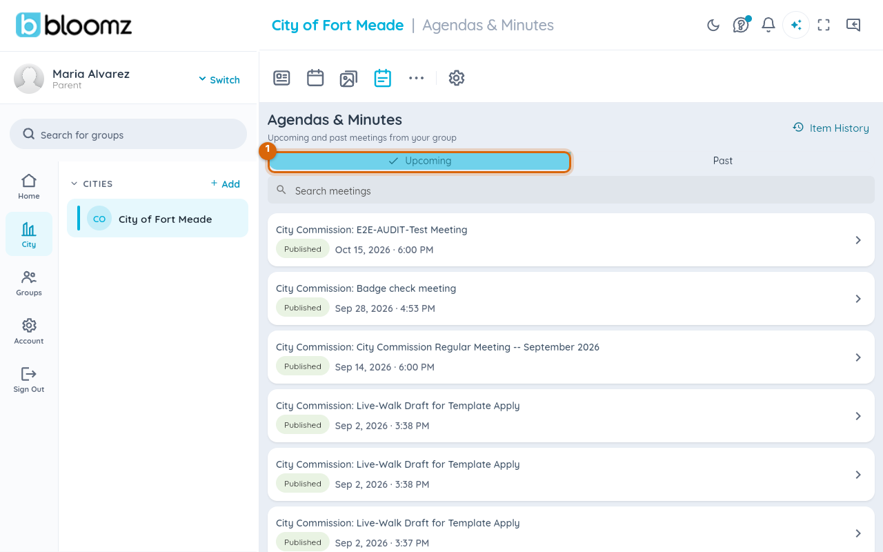 The resident Agendas and Minutes list with the Upcoming and Past toggle and Item History link marked