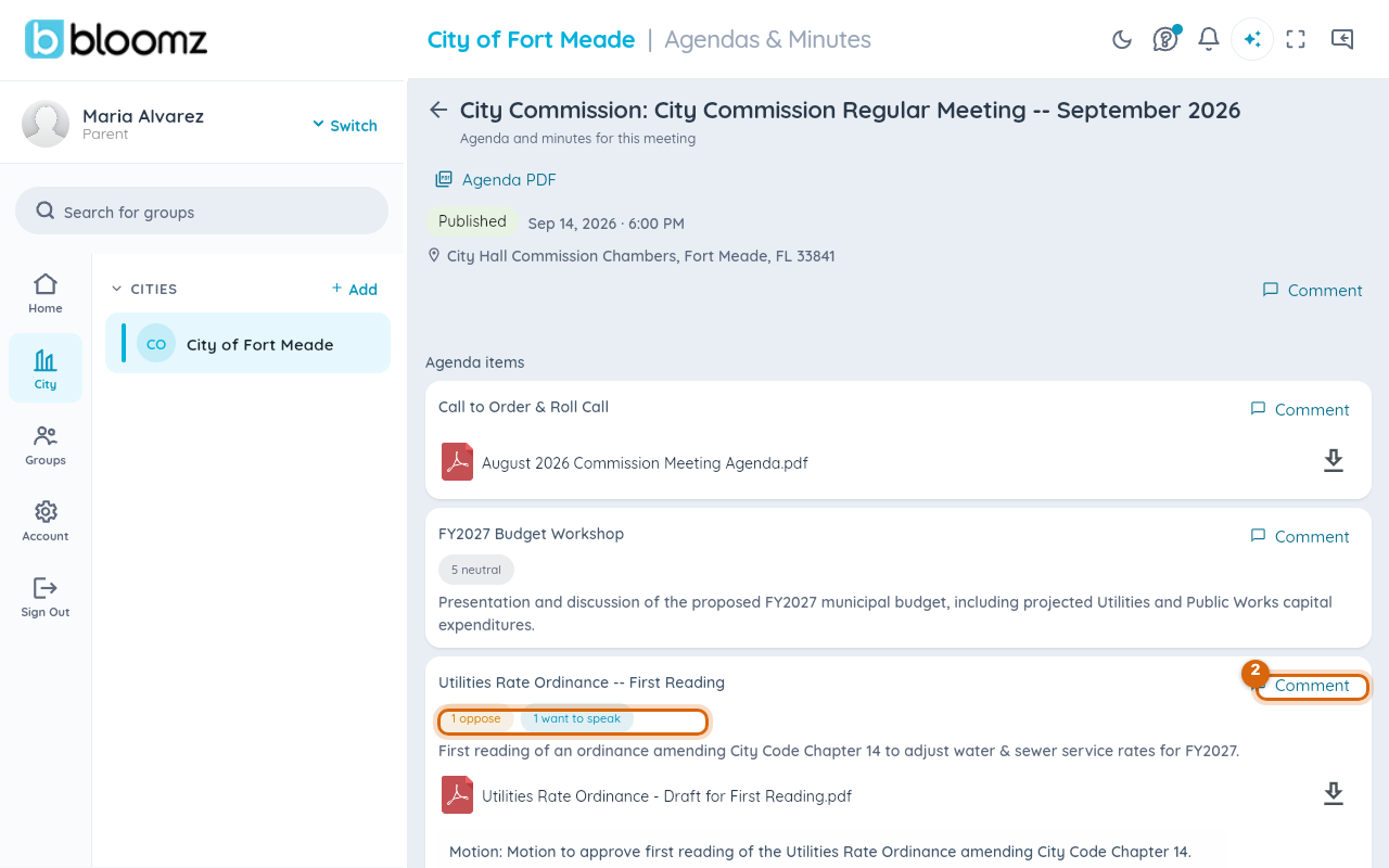 The resident meeting detail page with the Agenda PDF link and per-item Comment links and position badges marked
